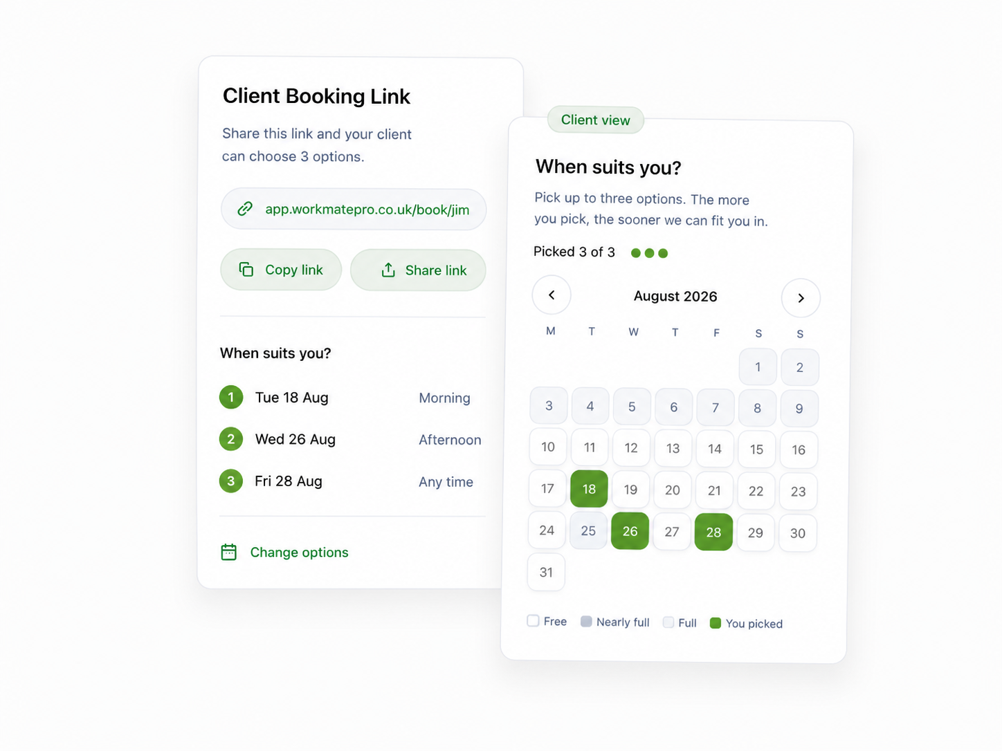 Client booking link screen with a customer picking three dates that suit them