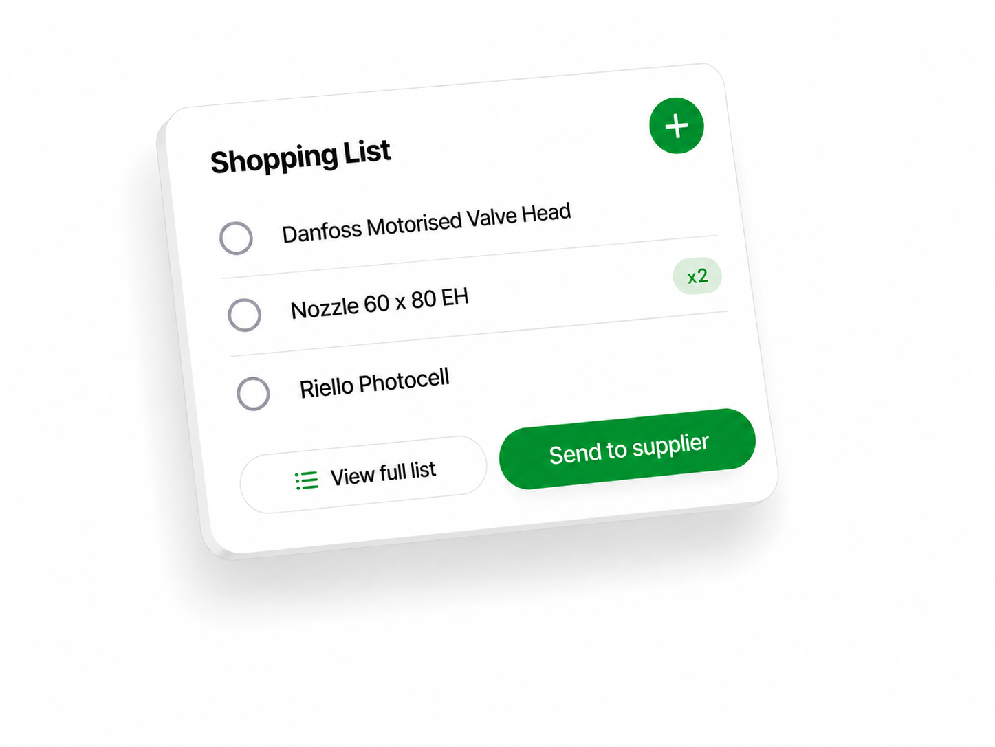 Shopping list screen with parts ready to send straight to the supplier