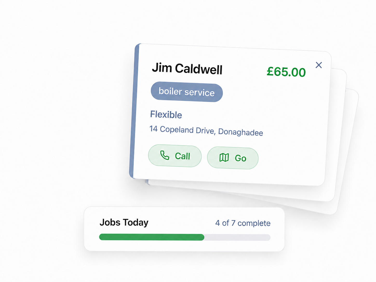 Job cards stacked for the day with a jobs-today progress bar